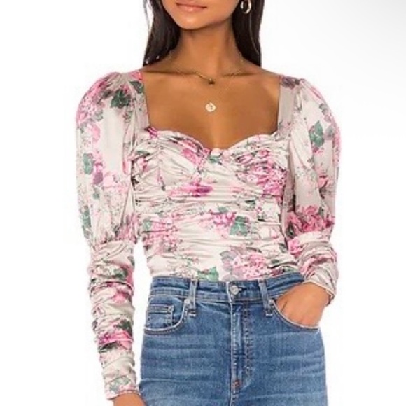 For Love & Lemons Palais Floral Crop Top Size Small Pink Long Sleeve - Picture 1 of 9